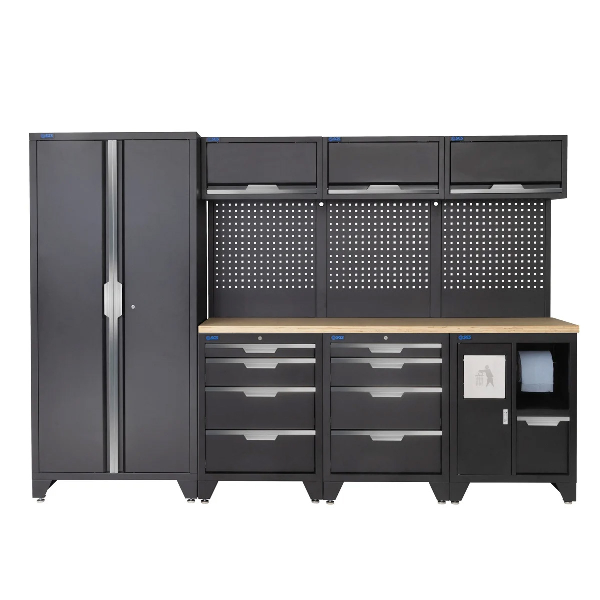 SGS 10pc Garage Storage System | 8 Drawers | Pressed Wood Worktop | Tall Double Cabinet | Bin Unit | 3x Upper Cabinets